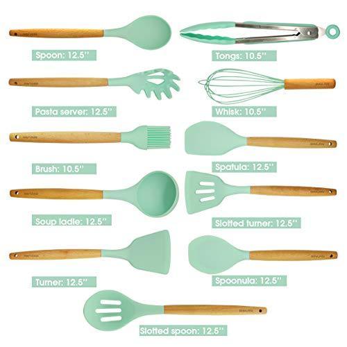 Kitchen Utensil Set Silicone Cooking Utensils, 11pcs Premium Non-stick Natural Beech Wooden Handle, BPA Free Cookware Protect Gift for Mom Family by BINLAN