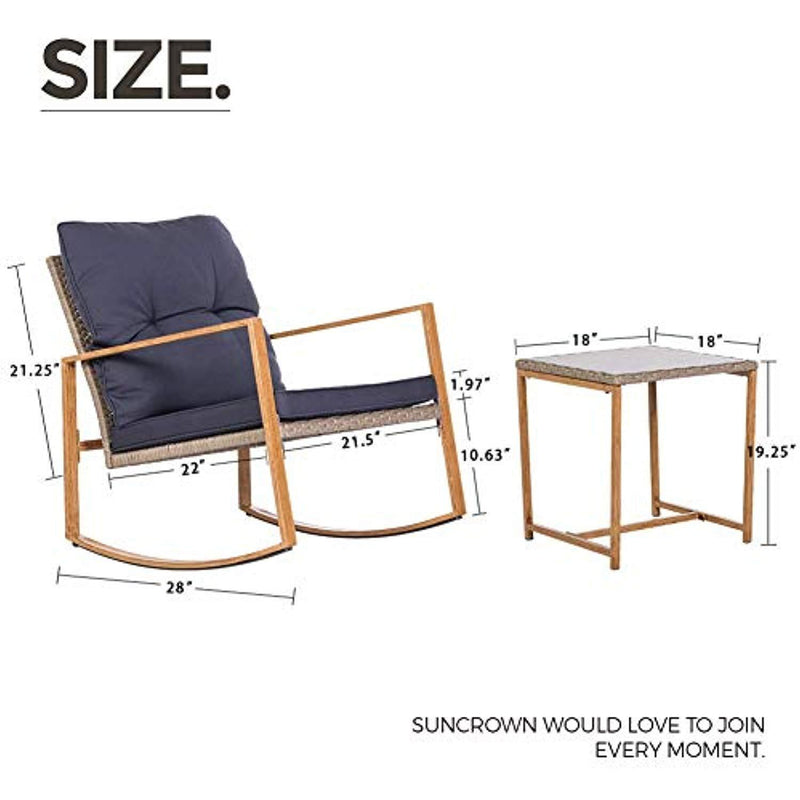 SUNCROWN Outdoor Rocking Chair Set 3-Piece Patio Bistro Set: Grey Wicker Patio Furniture W/Wood-Grain Arm Rest - Two Chairs with Glass Coffee Table (Nautical Navy Cushion)