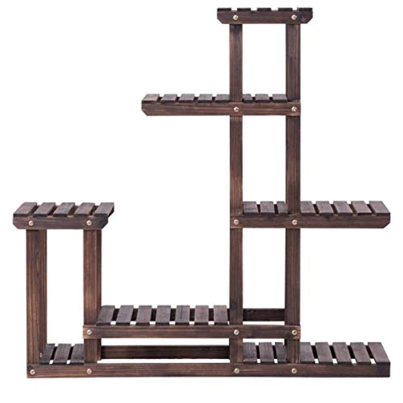 Giantex Flower Rack Plant Stand Multi Wood Shelves Bonsai Display Shelf Indoor Outdoor Yard Garden Patio Balcony Multifunctional Storage Rack Bookshelf W/Hollow-Out Rack (6 Wood Shelves 10 Pots)