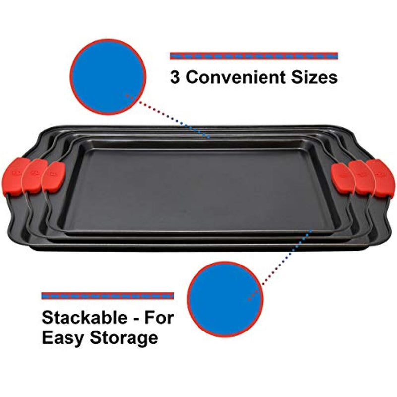 3 Piece Nonstick Bakeware Set, Premium Nonstick Cookie Sheet Pan Set, Professional Steel Pan Baking Sheets With Silicone Handles, Baking Supplies Rectangle Cookie pans 3 Different Sizes By Perlli