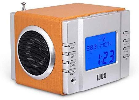 August MB300 Mini Wooden MP3 Stereo System and FM Clock Radio, with Card Reader, USB Port & AUX Jack (3.5mm Audio In), 2 x 3W Powerful Hi-Fi Speakers and Built-in Rechargeable Battery