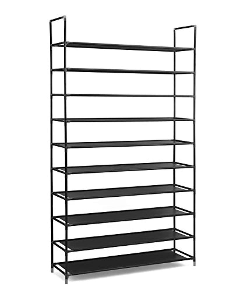 Halter 10 Tier Stackable Shoe Rack Storage Shelves - Stainless Steel Frame Holds 50 Pairs of Shoes - 39.125" X 11.125" X 69.5" - Black