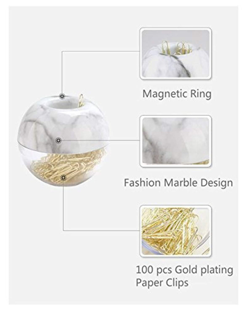 MultiBey Gold Paper Clips in Elegant Magnetic Marble White Clip Holder, 28mm, 100 Clips per Box