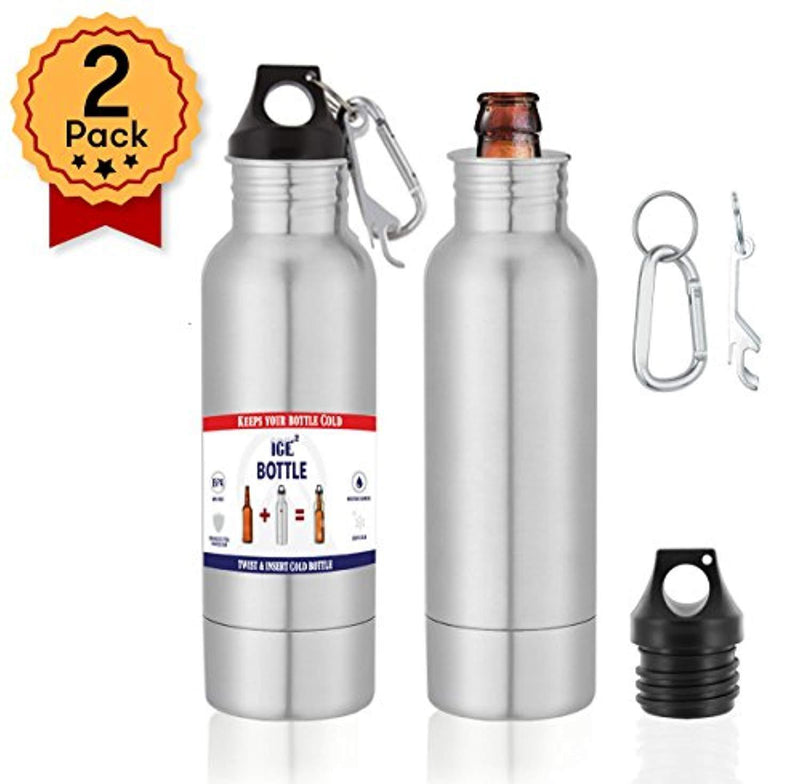 The Original Beer Bottle Cooler - Cold Beer Keeper - Stainless Steel Bottle Armor Insulator - Bottled Beer Armour Holder - Fits 12oz Bottles - Includes Bottle Opener & Keychain Carabiner (2 Pack)