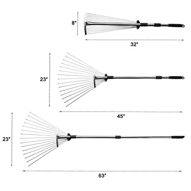 gonicc 63 inch Professional Adjustable Garden Leaf Rake, Expanding Metal Rake - Adjustable Folding Head from 7 Inch to 22 Inch. Collect Leaf Among Delicate Plants,Lawns and Yards. Ideal Camp Rake.