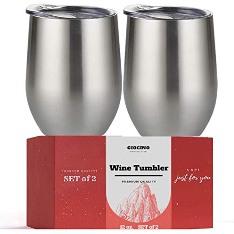 Wine Tumbler - Set of 2 - Stainless Steel Double Walled Vacuum Insulated Stemless Wine Glass Cup Travel Tumbler With Lid -12 Ounce