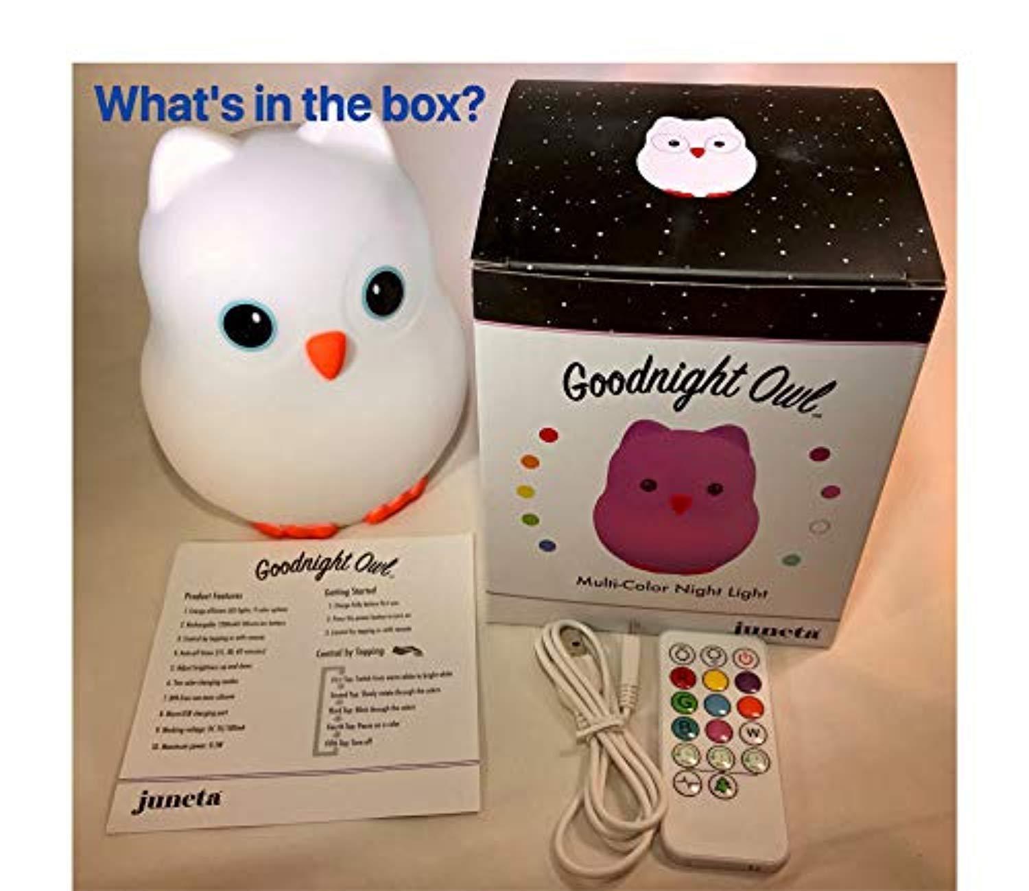 Goodnight Owl Rechargeable Night Light for Kids & Toddlers - Multi-Color LEDs (9 Colors!), Remote Control, BPA-Free Silicone, 9 Levels of Brightness, Auto-Off Timer. Super Cute and Fun! by Juneta