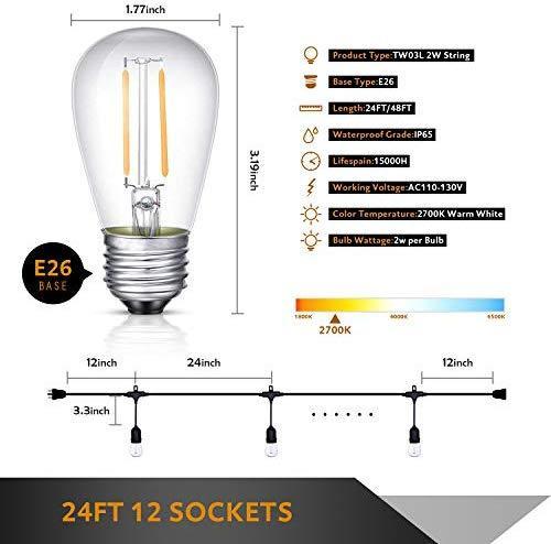 TWINSLUXES LED Patio Lights String 48FT With 2W x 24 Vintage Bulbs - Edison String Lights Outdoor, E26 Sockets Hanging Outdoor Lights, Weatherproof Commercial String of Lights for Bistro, Café, Garden
