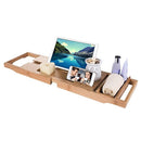 HiCollie Craft Natural Bamboo Bathtub Caddy /Bath Tub Tray Organizer with Adjustable Sides Expand to 43" Stainless Steel Book Holder Acrylic Dam-board Phone Slots Glass Holder