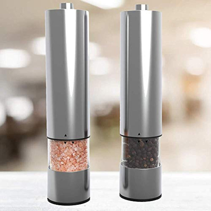 Electric Salt and Pepper Grinder Set | Battery Operated | Electronic Pepper Shakers (2) | Adjustable Coarseness Level | One Handed Use | Stainless Steel Mills | Automatic LED Light | Ma Maison Co