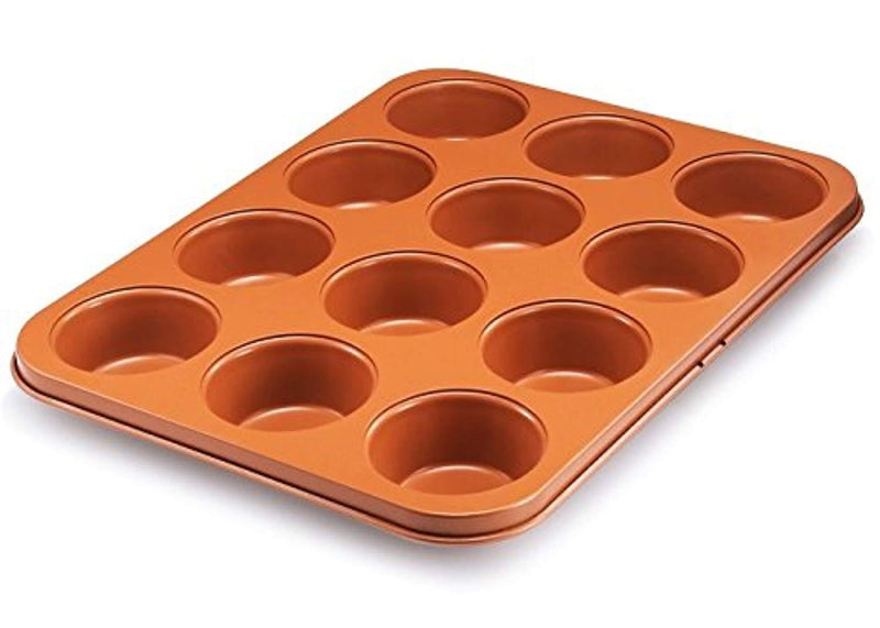 Gotham Steel 5 Piece Complete Copper Nonstick Bakeware Set with Durable Ceramic Coating, Heavy Duty 0.8MM Gauge Dishwasher Safe, Includes XL Cookie Sheet, Muffin, Loaf Pan & Round Baking Tray