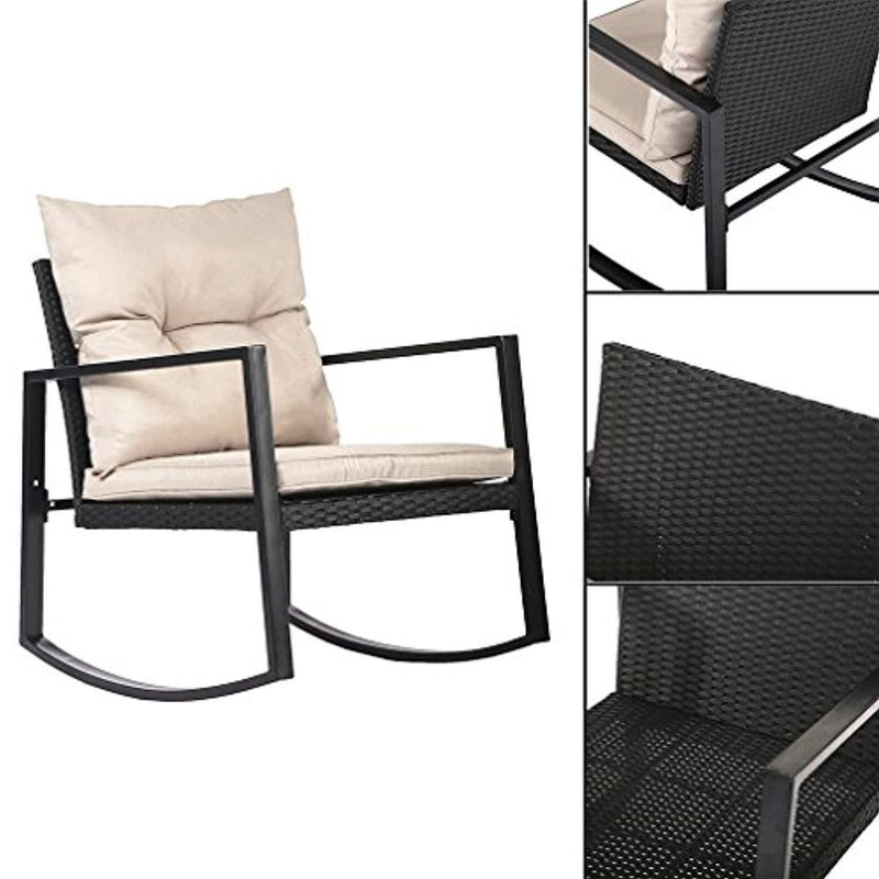 OAKVILLE FURNITURE Patio 3-Piece Rattan Rocking Bistro Set, Outdoor Furniture Sets with Rust-Proof Steel Frame, Black Wicker, Beige Cushion