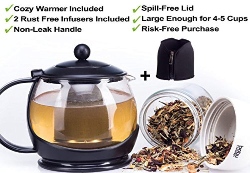 Glass Teapot with Infuser and Warmer Sleeve, Blooming Loose Leaf Tea Pot, Tea Infuser Holds 4 -5 Cups - 2 Infusers Included