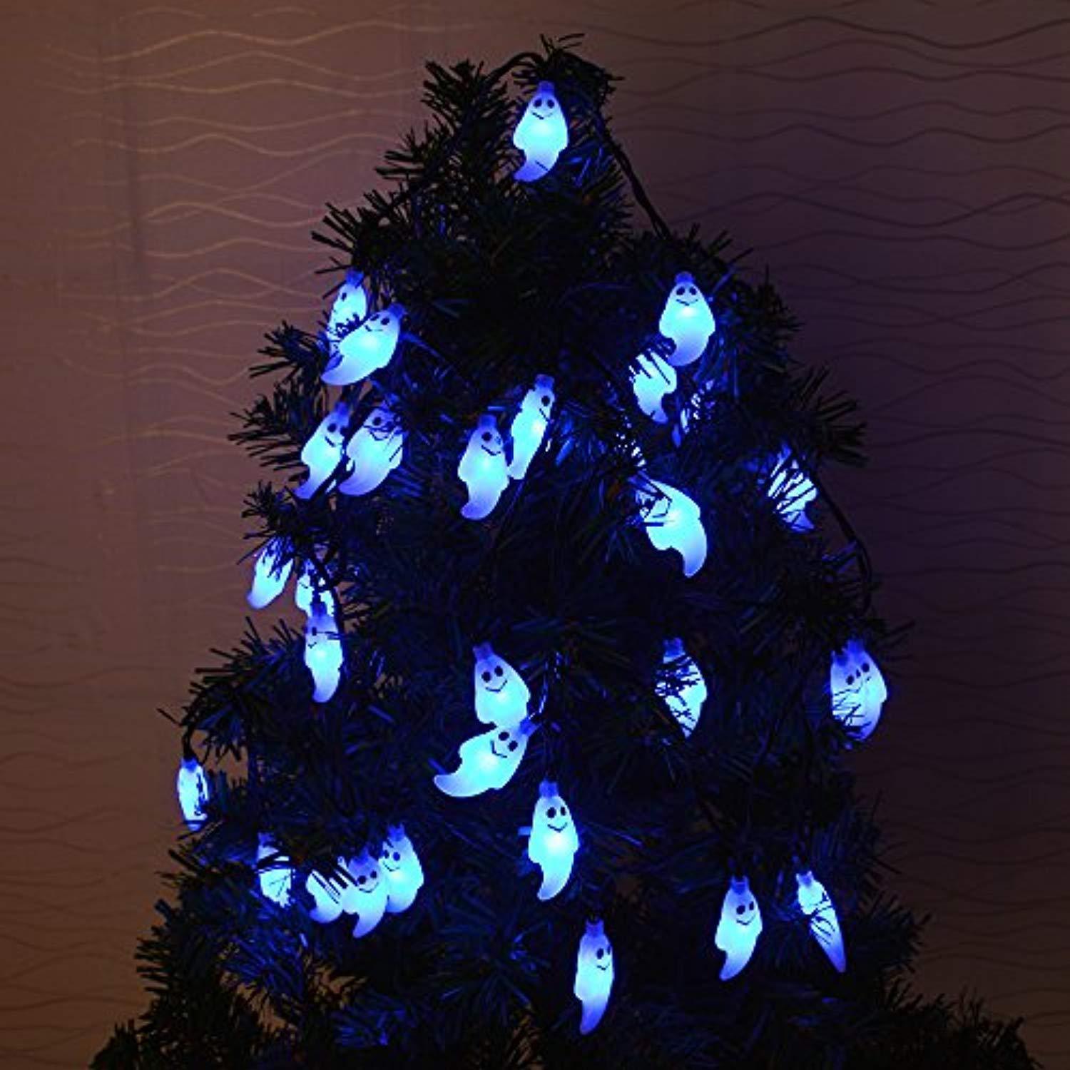 LEVIHCEC Solar Halloween Decorations String Lights, 30 LED Waterproof Cute Ghost LED Holiday Lights for Outdoor Decor, 8 Modes Steady/Flickering Lights [Light Sensor] 19.7ft Blue