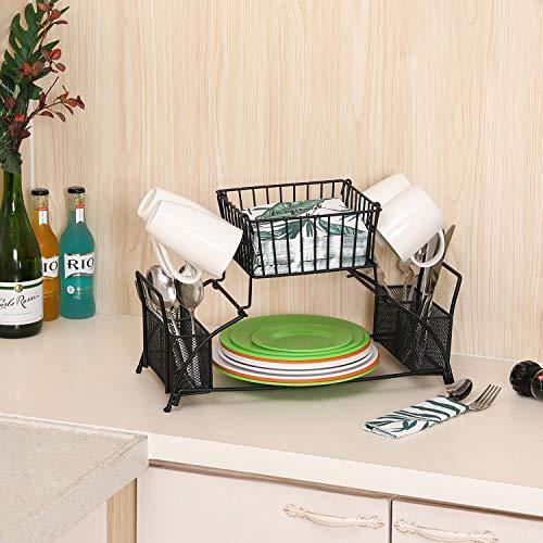TQVAI 2 Tier Buffet Caddy with Mug Holder for Plates, Utensils, Napkins - Ideal for Kitchen, Dining, Entertaining, Parties, Picnics