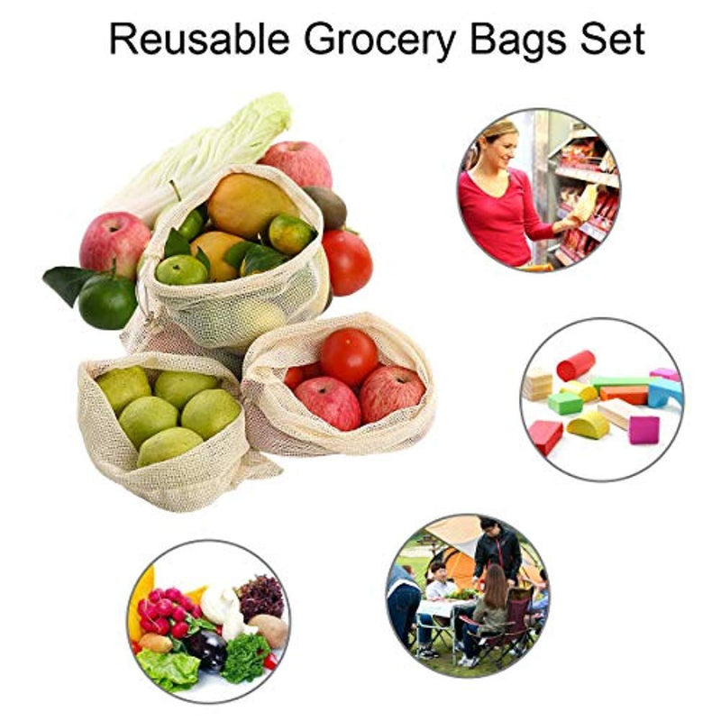 Reusable Produce Bags, Aiseeny Grocery Bags for Fruits, Vegetable, Food, Storage - Organic Cotton Mesh Bag with Drawstring, Tare Weight on Label, Washable - Zero Waste Reusable Shopping Bags 9 Pack