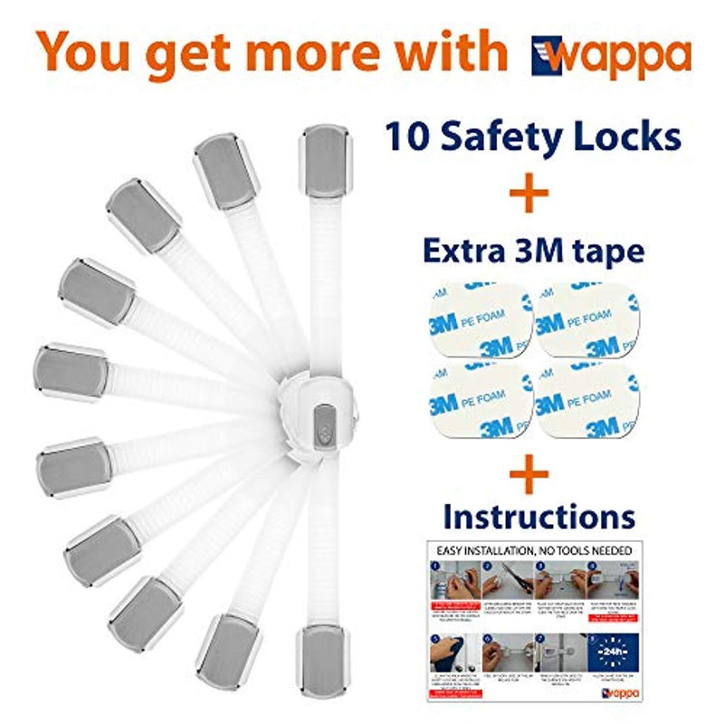 Child Safety Locks -VALUE PACK (10 Straps)- No Tools or Drilling -Adjustable Size/Flexible -Adhesive Furniture Latches For Baby Proofing Cabinets, Drawers, Appliances, Toilet Seat, Fridge, Oven & More