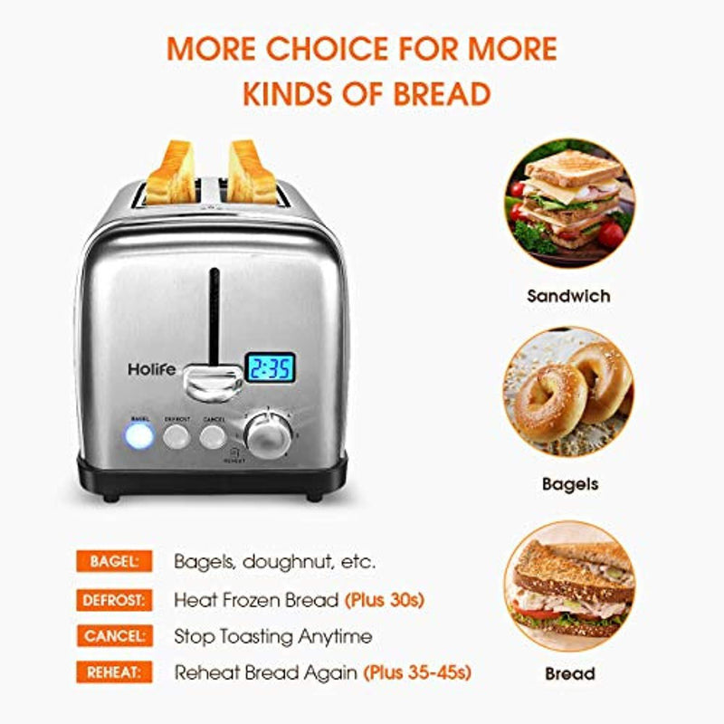 HOLIFE Toaster Two Slice Stainless Steel Bagel Toaster with 6 Bread Shade Settings, Bagel/Defrost/Reheat/Cancel Function, Extra Wide Slots, Removable Crumb Tray, 900W, Silver (Upgraded)