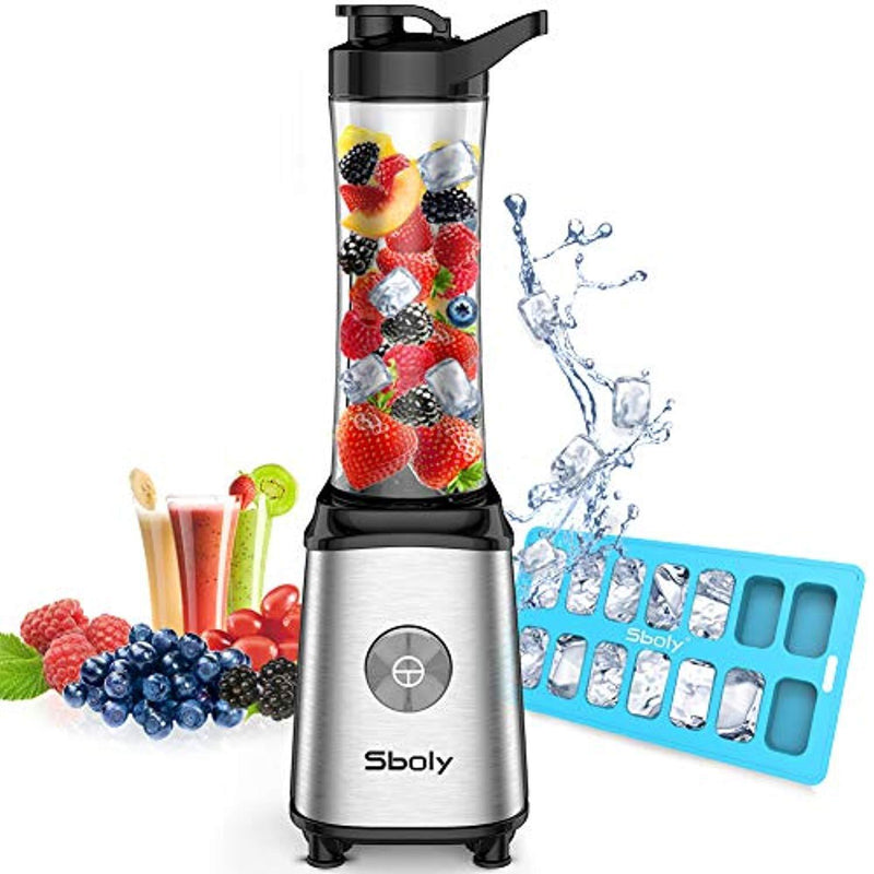 Personal Blender, Sboly Smoothie Blender Single Serve Small Blender for Juice Shakes and Smoothie with 20 oz Tritan BPA-Free Travel Bottle, 300W (with Silicone Ice Cube Tray/Bottle Brush)