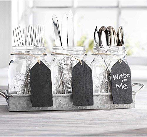 EIVOTOR 3 Glass Mason Jars with Black Chalk Label - 17 Ounces Clear Chalkboard Mugs on Galvanized Caddy with Handle - Home and Party Drinkware Set, Utensil Organizer, Vintage Rustic Decor Set