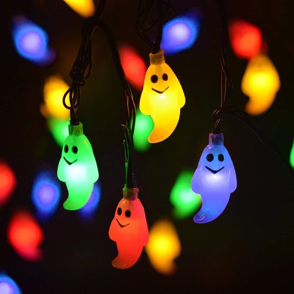 LEVIHCEC Solar Halloween Decorations String Lights, 30 LED Waterproof Cute Ghost LED Holiday Lights for Outdoor Decor, 8 Modes Steady/Flickering Lights [Light Sensor] 19.7ft Blue