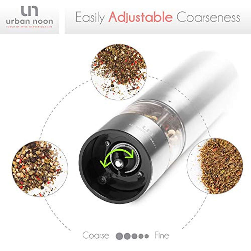 Electric Salt and Pepper Grinder Set - Battery Operated Stainless Steel Mill with Light (Pack of 2 Mills) - Electronic Adjustable Shakers - Ceramic Grinders - Automatic One Handed Operation