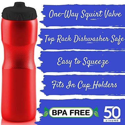 Swig Savvy  50 Strong Brand Jet Stream Sports Squeeze Water Bottle with One-Way Valve - Team Pack – Set of 6 Leak Proof Squirt Waterbottles - 28 Ounces -Perfect for Bikes - Made in USA