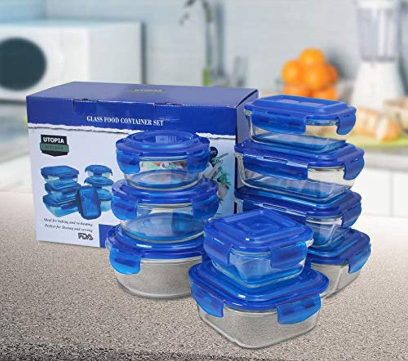 Utopia Kitchen Glass Food Storage Container Set - Blue - 18 Pieces Set (9 Containers and 9 Lids) Reusable Multipurpose Use for Home Kitchen or Restaurant - BPA Free