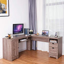 Tangkula 66" × 66" L-Shaped Desk, Corner Computer Desk, with Drawers and Storage Shelf, Home Office Desk, Sturdy and Space-Saving Writing Table,Brown