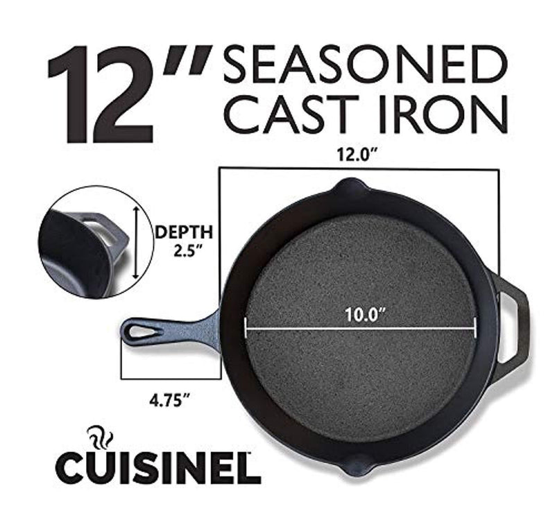 cuisinel - Pre-Seasoned Cast Iron Skillet (12-Inch) w/Handle Cover Oven Safe Cookware | Heat-Resistant Holder | Indoor and Outdoor Use | Grill, Stovetop, Induction Safe. New Version