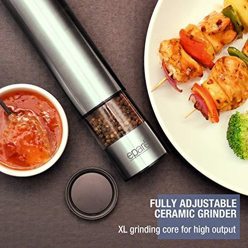 Eparé Salt or Pepper Grinder, Adjustable Ceramic Mill for Pink Himalayan Sea Salts & Black Peppercorns – Battery Powered Steel Electric Spice Shaker – LED Light