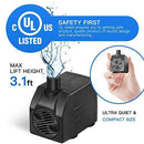 Simple Deluxe 400 GPH UL Listed Submersible Pump with 15' Cord, Water Pump for Fish Tank, Hydroponics, Aquaponics, Fountains, Ponds, Statuary, Aquariums & Inline