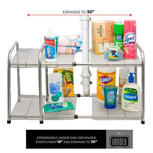 Venoly Home - Under Sink 2 Tier Expandable Shelf Organizer Rack, Silver - Expands from 18 Inches to 30 Inches