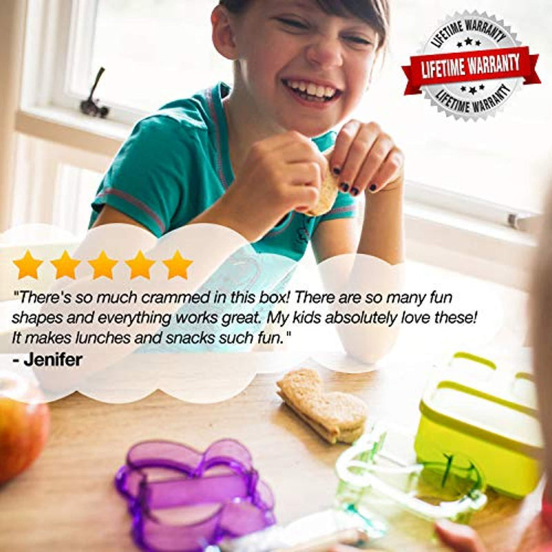 Complete Bento Lunch Box Supplies and Accessories For Kids - Sandwich Cutter and Bread Crust Remover - Mini Vegetable Fruit cookie cutters - Silicone Cup Dividers - Food Picks and FREE Lunch Notes