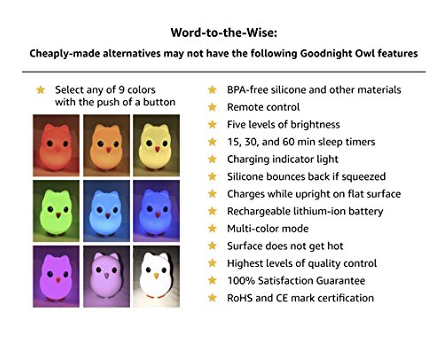 Goodnight Owl Rechargeable Night Light for Kids & Toddlers - Multi-Color LEDs (9 Colors!), Remote Control, BPA-Free Silicone, 9 Levels of Brightness, Auto-Off Timer. Super Cute and Fun! by Juneta