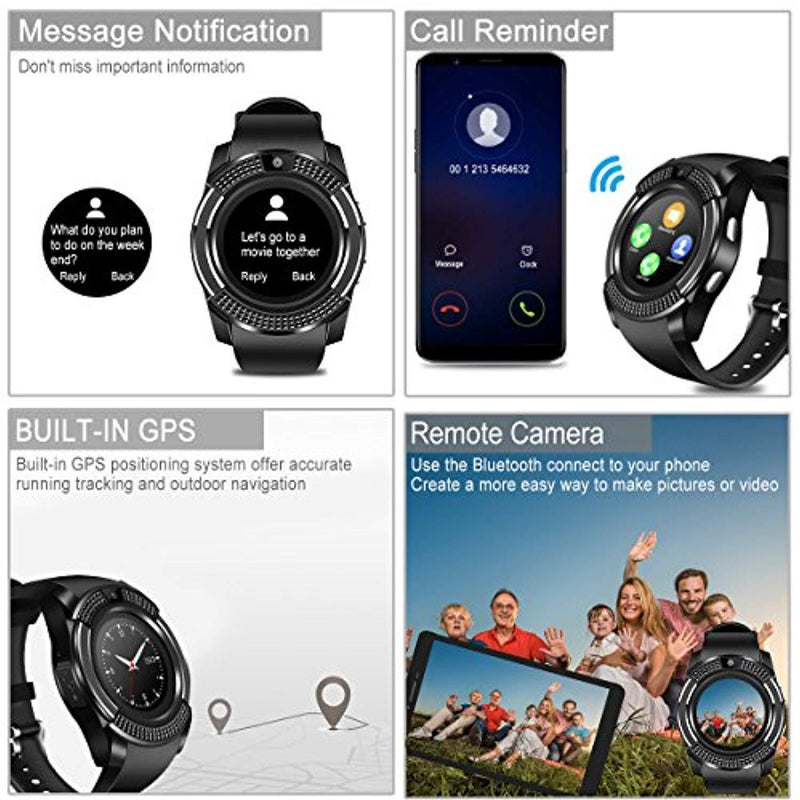 Smart Watch,Bluetooth Smartwatch Touch Screen Wrist Watch with Camera/HCM Card Slot,Waterproof Phone Smart Watch Sports Fitness Tracker Compatible Android Phone iOS Phones (V8-Black)