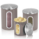 FC Airtight Window Kitchen Canister, Stainless Steel Canister Sets with Anti-Fingerprint Lid, Cereal Container Set of 3 (Warm grey)