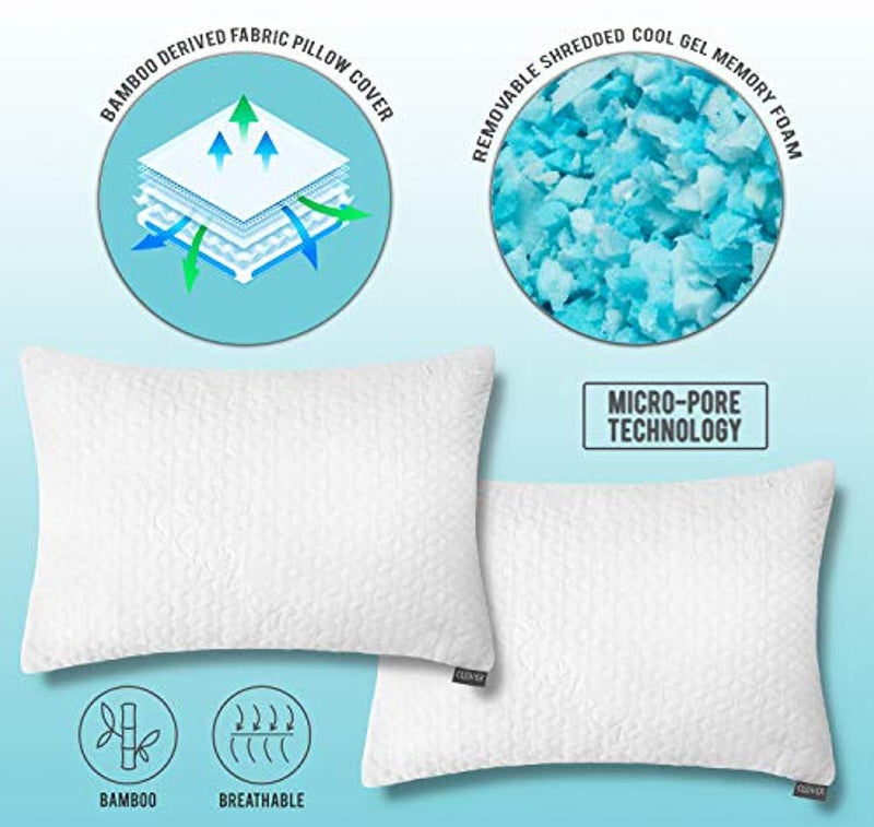 Shredded Memory Foam Pillows for Sleeping Bamboo Cooling Firm Cool Bed Pillow for Side Stomach Sleeper Neck Shoulder Pain Organic Cold Hypoallergenic Large Queen Size 2 Pack