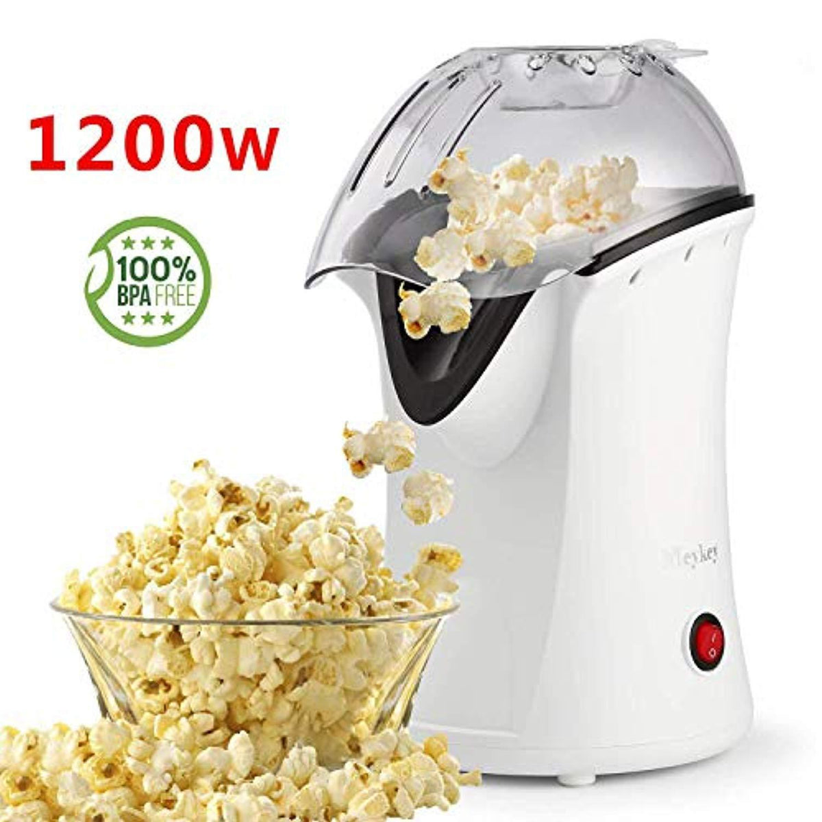 Hot Air Popcorn Popper, Popcorn Maker, 1200W Electric Popcorn Machine with Measuring Cup and Removable Lid, Healthy Popcorn Maker for Home, No Oil Needed, Great For Kids (White)