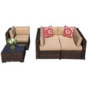 PATIOROMA Outdoor Furniture Sectional Sofa Set (6-Piece Set) All-Weather Brown PE Wicker with Beige Seat Cushions &Glass Coffee Table| Patio, Backyard, Pool| Steel Frame