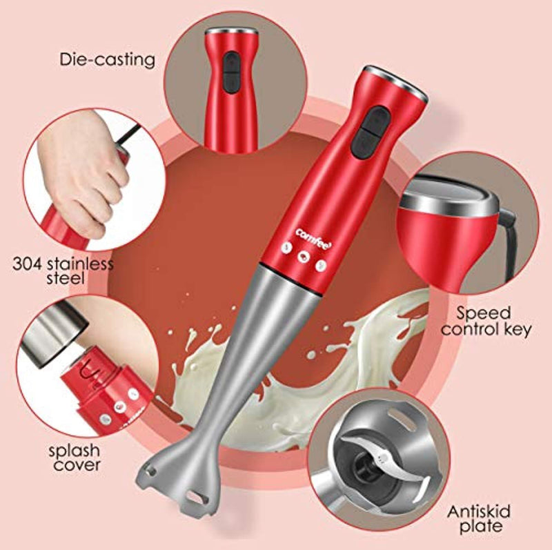 Electric Hand Immersion Blender, 4-in-1 Hand Mixer with 500ml Food Chopper, 600ml Beaker, Balloon Whisk, Stainless Steel Blending Shaft by Comfee