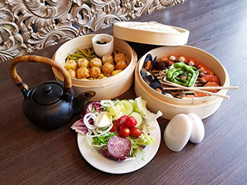 Mister Kitchenware 10 Inch Handmade Bamboo Steamer, 2 Tier Baskets, Healthy Cooking for Vegetables, Dim Sum Dumplings, Buns, Chicken Fish & Meat Included Chopsticks, 10 Liners & Sauce Dish