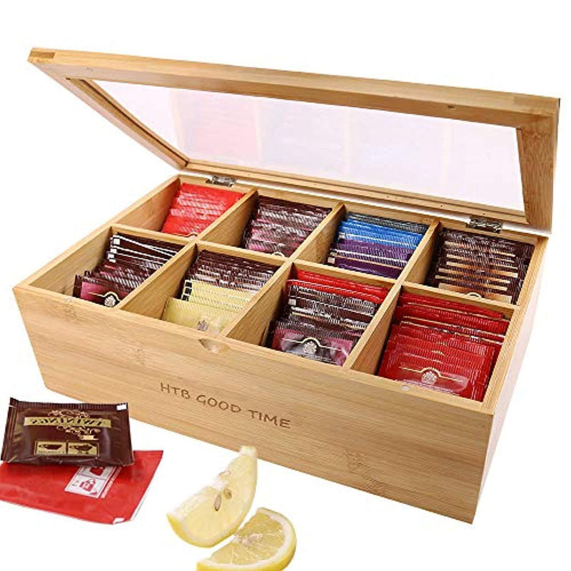 NEATERIZE Bamboo Tea Bag Container, “GOOD TIME” Engraved Tea Box Organizer, Tea Bag Chest With Transparent Lid, 8 Compartments organizers and storage With Magnetic Closure