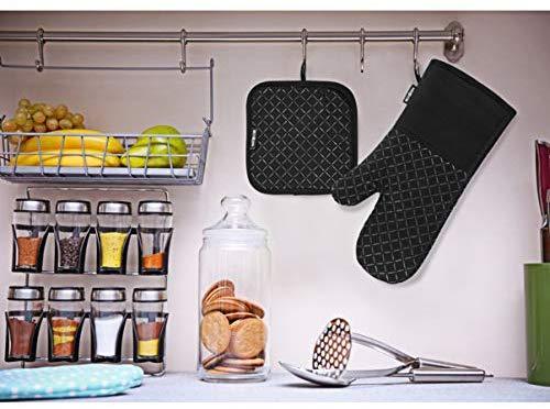 KES Kitchen Oven Mitts Set, Oven Mitts and Pot Holders, Heat Resistant with Quilted Cotton Lining, Non-Slip Surface 4 Pieces for Cooking, Baking, Grilling, Barbecue (Gray)