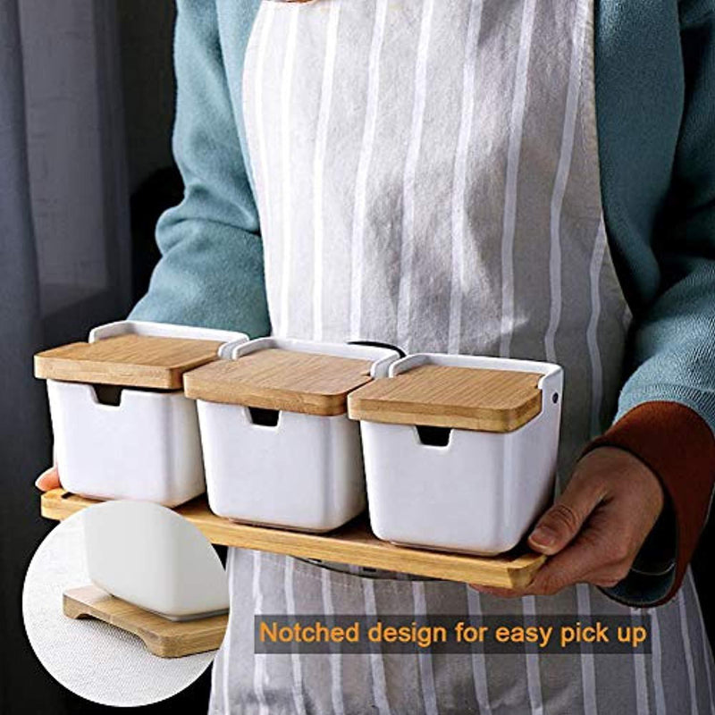 Ceramic Condiment Containers Spice Jars with spoon - Bamboo Spice Containers with Lids, Sugar Storage Container and Salt Seasoning Box for Kitchen and Home, White, 250ML (8.54OZ), Set of 3