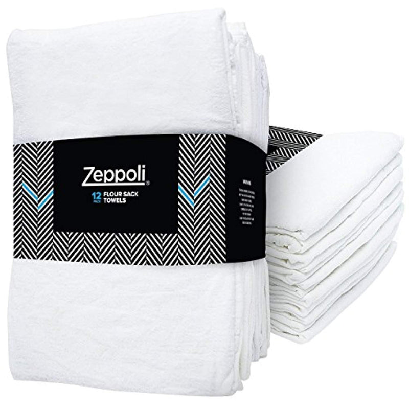 Zeppoli 12-Pack Flour Sack Towels - 31" x 31" Kitchen Towels - Absorbent White Dish Towels - 100% Ring Spun Cotton Bar Towels