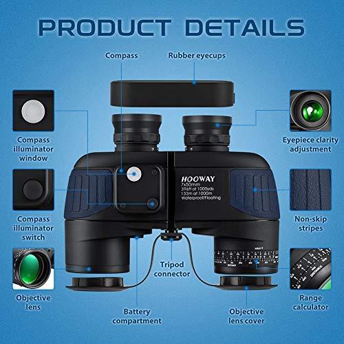 Hooway 7x50 Waterproof Fogproof Military Marine Binoculars w/Internal Rangefinder & Compass for Navigation,Boating,Fishing,Water Sports,Hunting and More