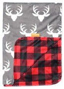 Dear Baby Gear Deluxe Reversible Baby Blankets, Custom Minky Print White Antlers, Red and Black Buffalo Plaid Minky