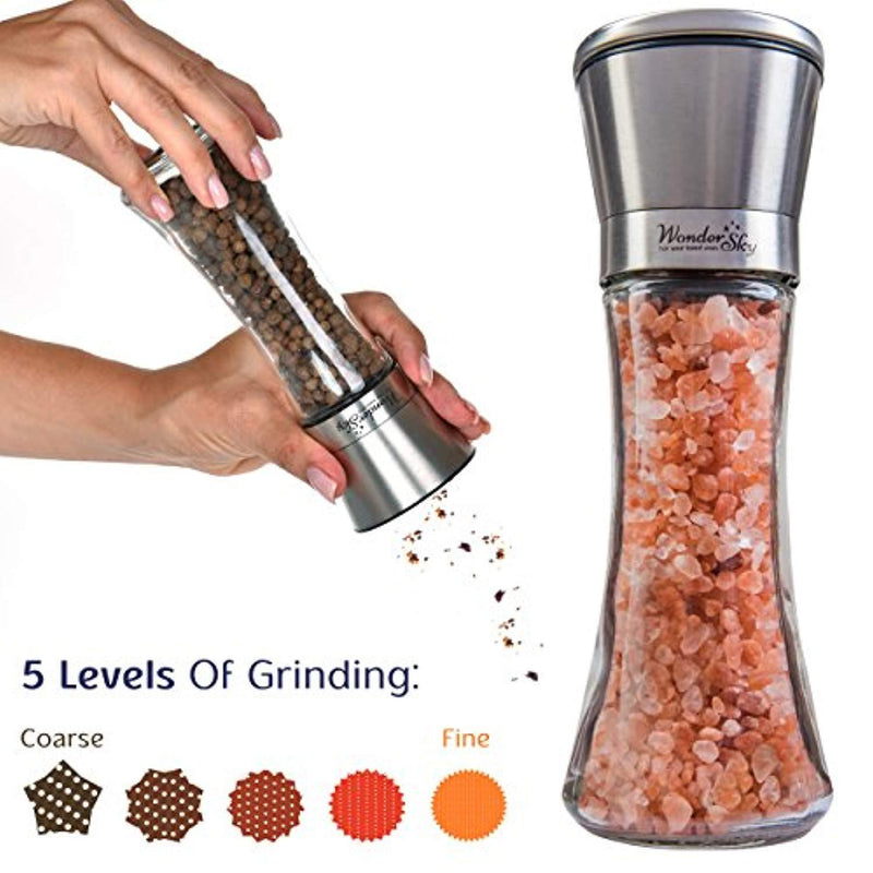 Salt and Pepper Grinder Set of 2 - Tall Salt and Pepper Shakers with Adjustable Coarseness by Ceramic Rotor - Stainless Steel Pepper Mill Shaker and Salt Grinders Mills Set with FREE Cleaning Brush