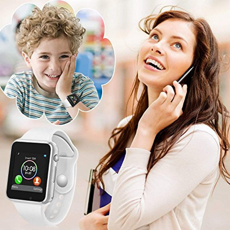 Bluetooth Smart Watch for iOS iPhone Android System Qidoou Wrist Watch Camera HCM Card Sleep Monitor Step Calories Tracker Alarm Clock Call/Message Reminder Anti-Lost for Adults and Kids(White)